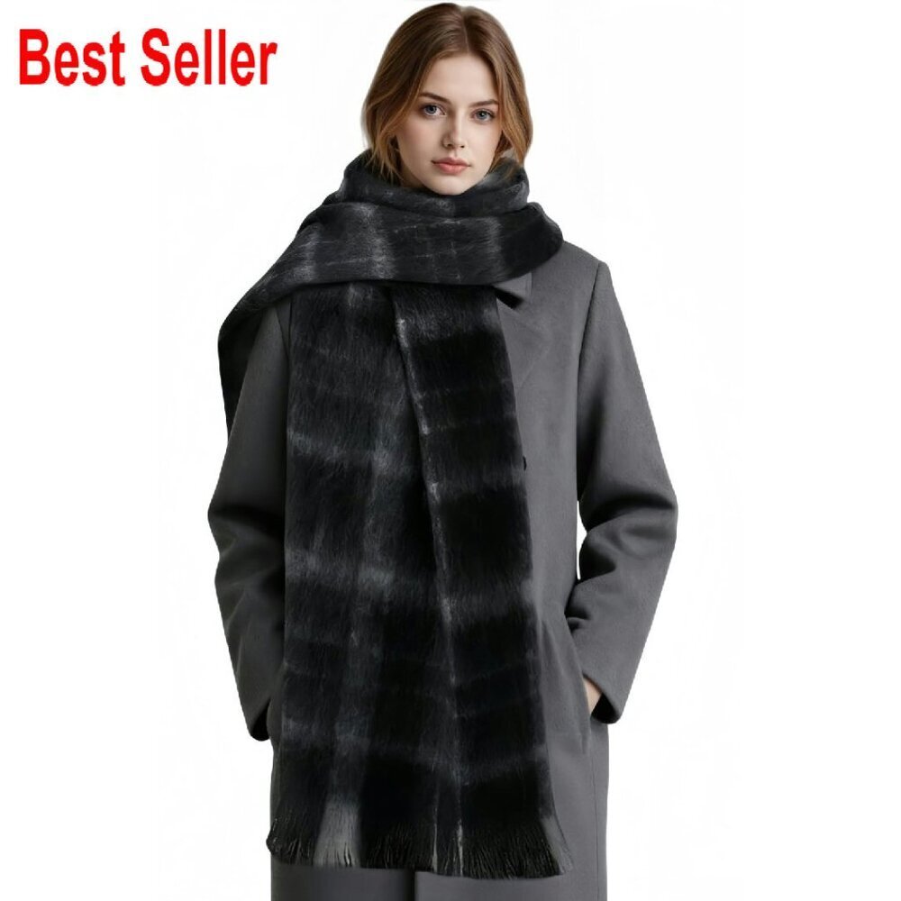 Chunky Knit Winter Scarf Oversized Shawl Elegant Plaid Tassels Warm Cozy